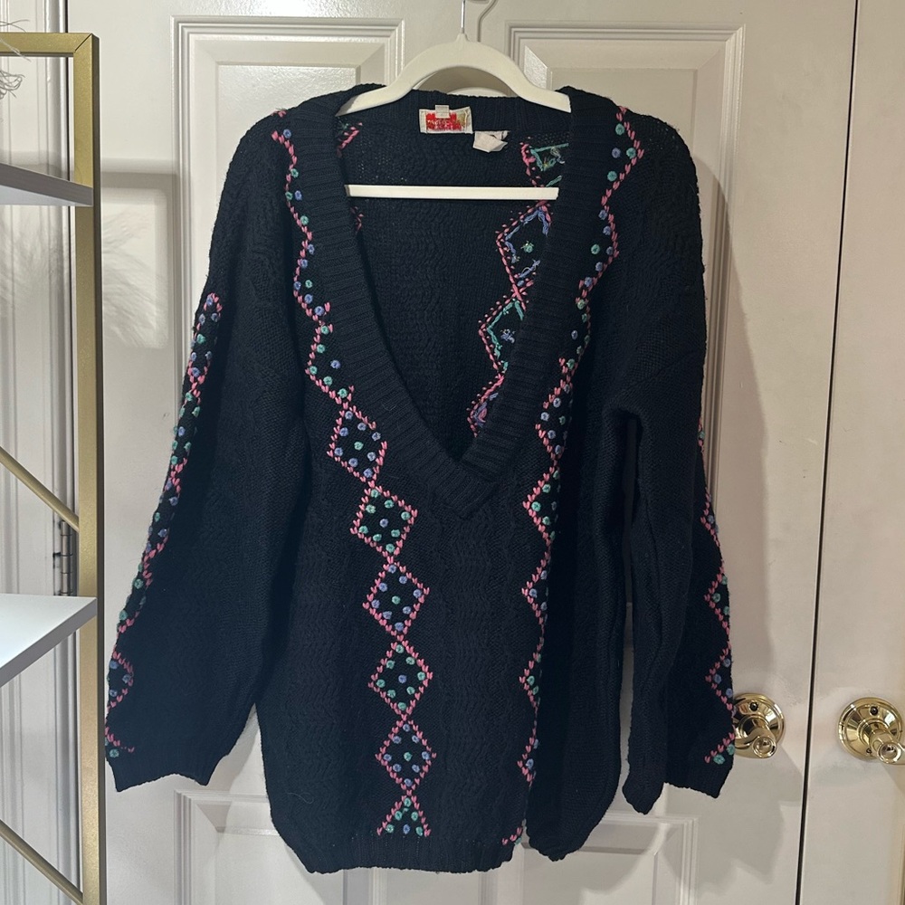 Vintage French Connection 100% Wool Hand Embroidered Argyle V-Neck Sweater M